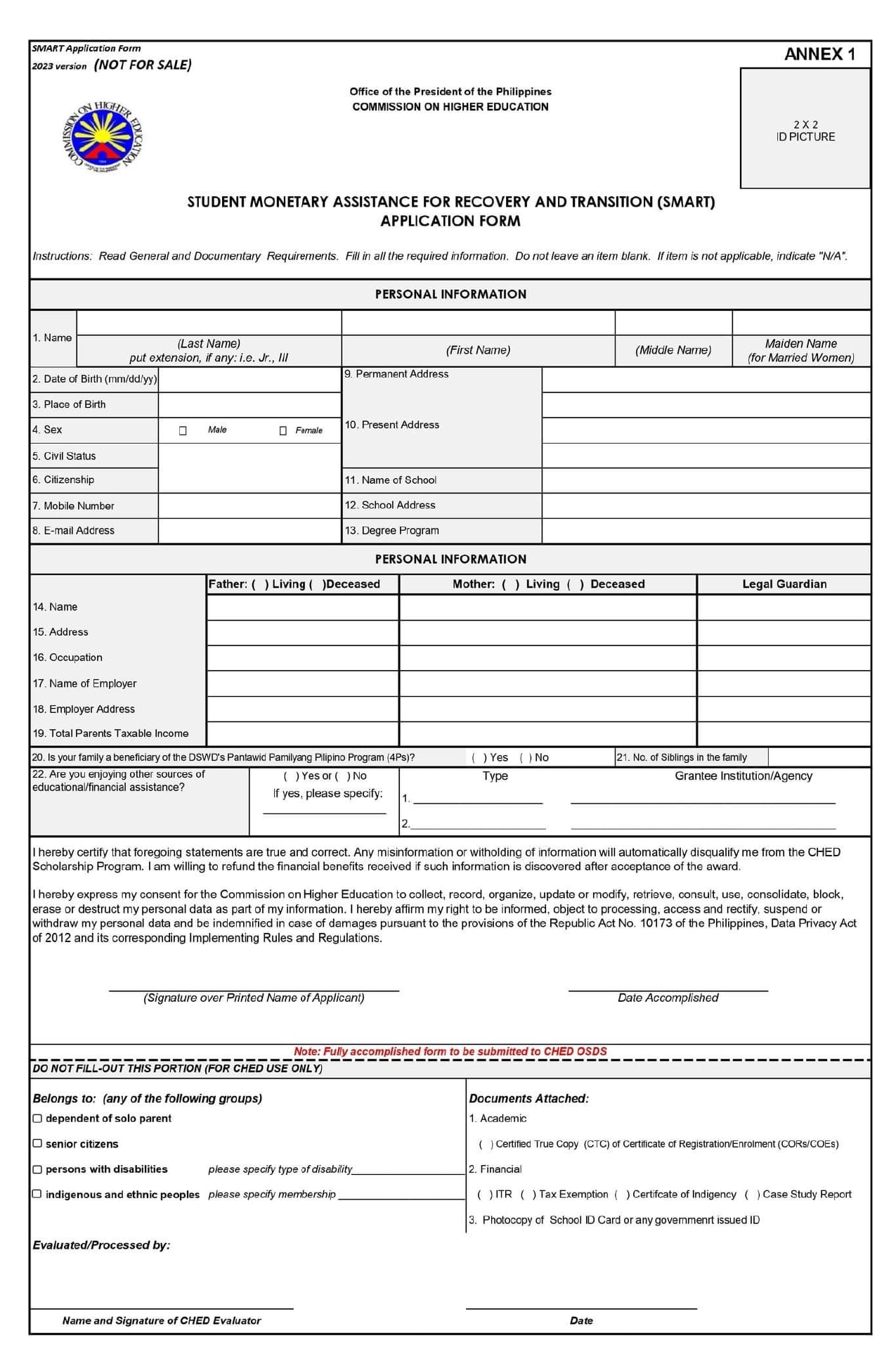 CHED Student Monetary Assistance for Recovery and Transition (SMART) APPLICATION FORM_page-0001-min